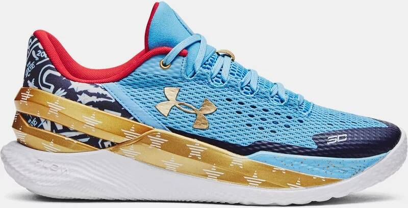 Under Armour Uniseks basketbalschoenen Curry 2 Low FloTro Tonic/Midnight Marineblauw/Metalen Goud 44.5